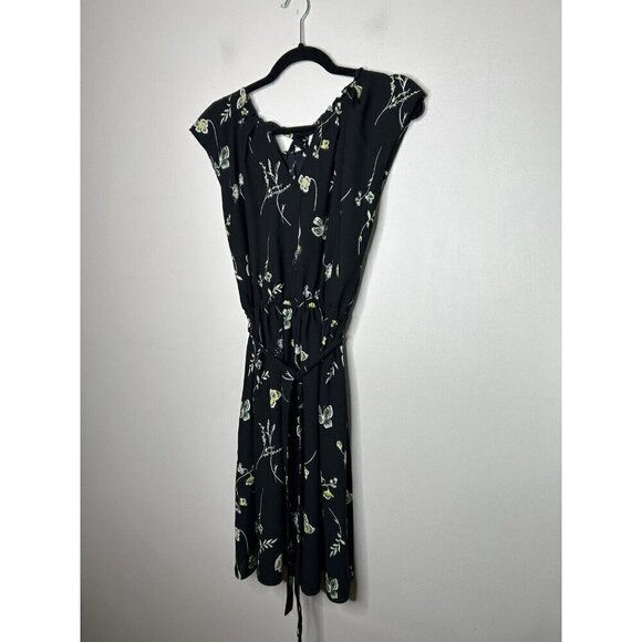 Lauren Conrad Dress Black Floral Short Sleeve & Back Neck Tie Size Medium - Picture 5 of 9